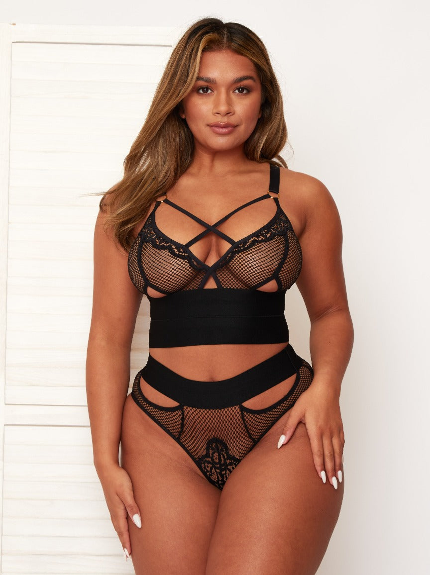 Athena midnight black bralette in fishnet and lace