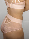 Soft pink high waisted brief featuring lace and mesh panels available in sizes 8, 10, 12, 14, 16, 18, 20, 22, 24 and 26